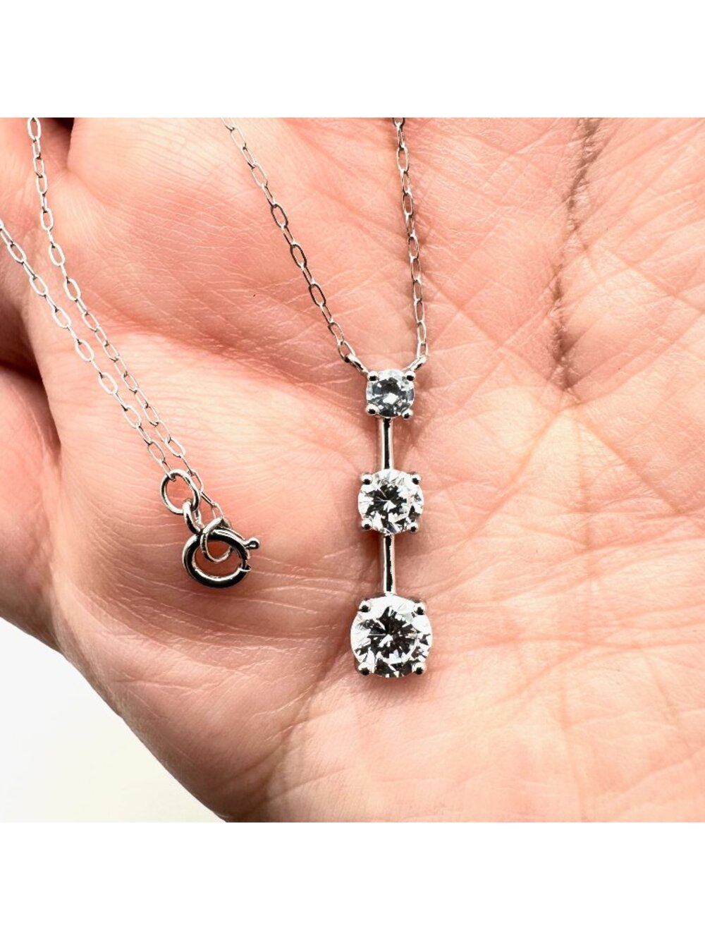 14K White Gold Necklace Three Round Cubic Zirconia Pendant